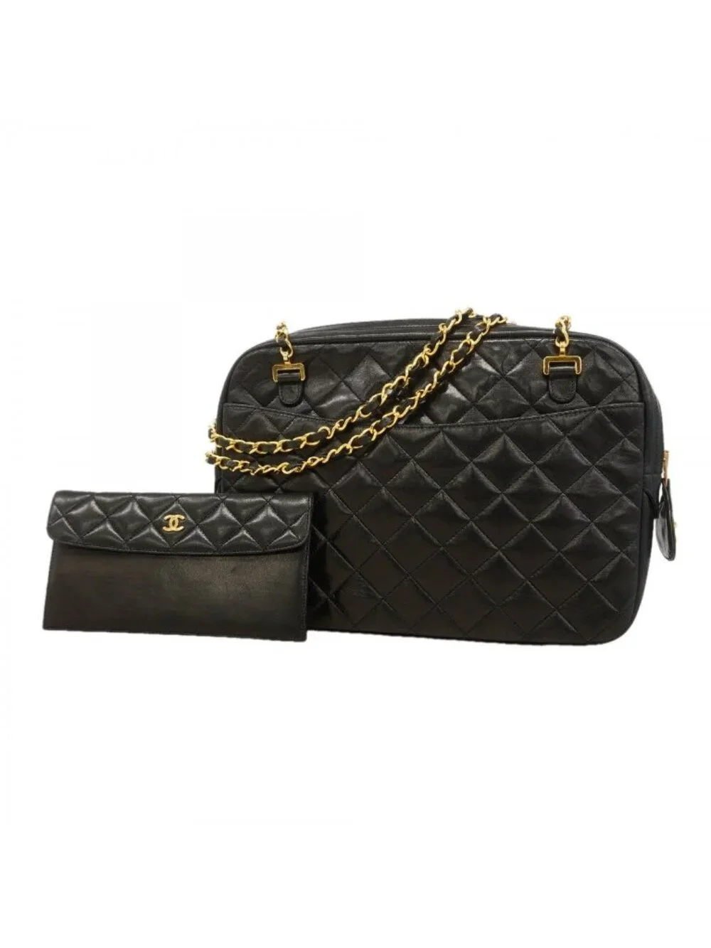 Chanel Shoulder Bag Quilted Lambskin Black Gold